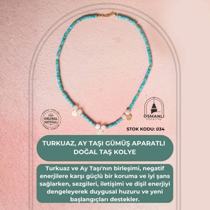 Sertifikalı Firuze(Turkuaz) , Ay Taşı Gümüş Aparatlı Doğal Taş Kolye (SK:034)