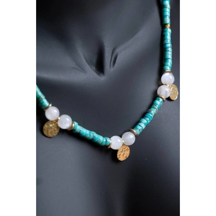 Sertifikalı Firuze(Turkuaz) , Ay Taşı Gümüş Aparatlı Doğal Taş Kolye (SK:034)