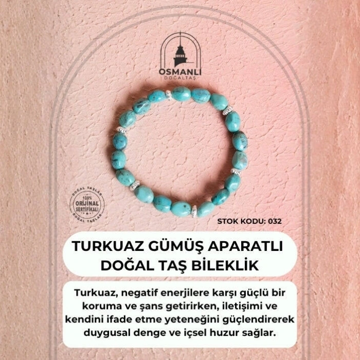 Sertifikalı Firuze(Turkuaz) Gümüş Aparatlı Doğal Taş Bileklik (SK:032)