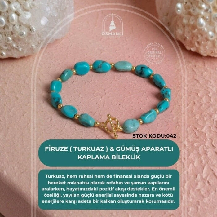 Sertifikalı Firuze (Turkuaz) Gümüş Aparatlı Doğal Taş Bileklik (SK:042)