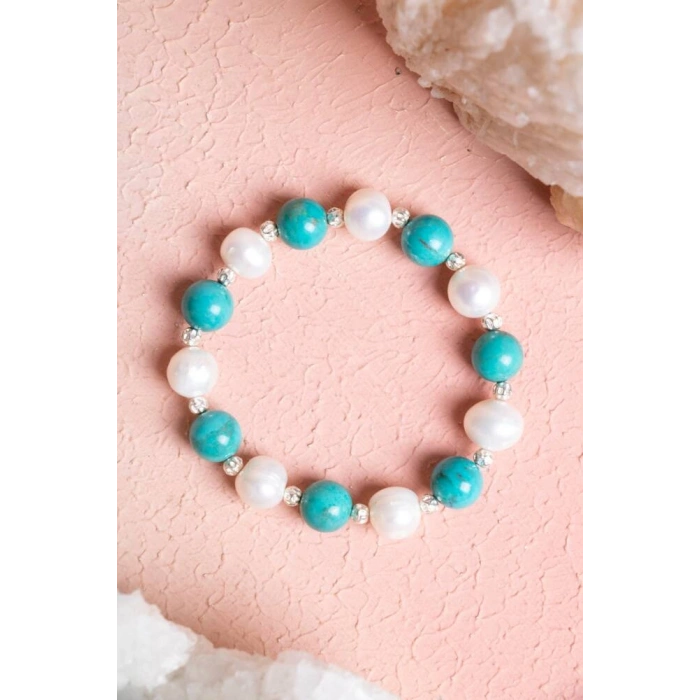 Sertifikalı Firuze (Turkuaz), İnci Gümüş Aparatlı Doğal Taş Bileklik(SK:038)