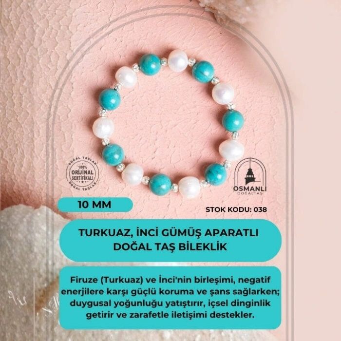 Sertifikalı Firuze (Turkuaz), İnci Gümüş Aparatlı Doğal Taş Bileklik(SK:038)