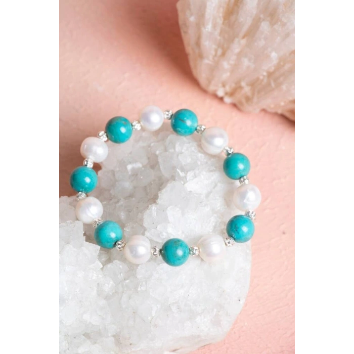Sertifikalı Firuze (Turkuaz), İnci Gümüş Aparatlı Doğal Taş Bileklik(SK:038)
