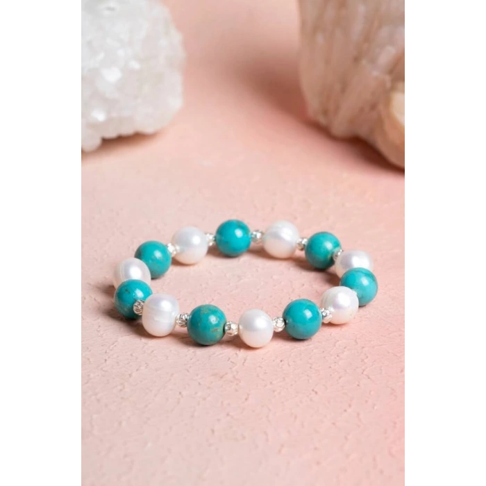 Sertifikalı Firuze (Turkuaz), İnci Gümüş Aparatlı Doğal Taş Bileklik(SK:038)