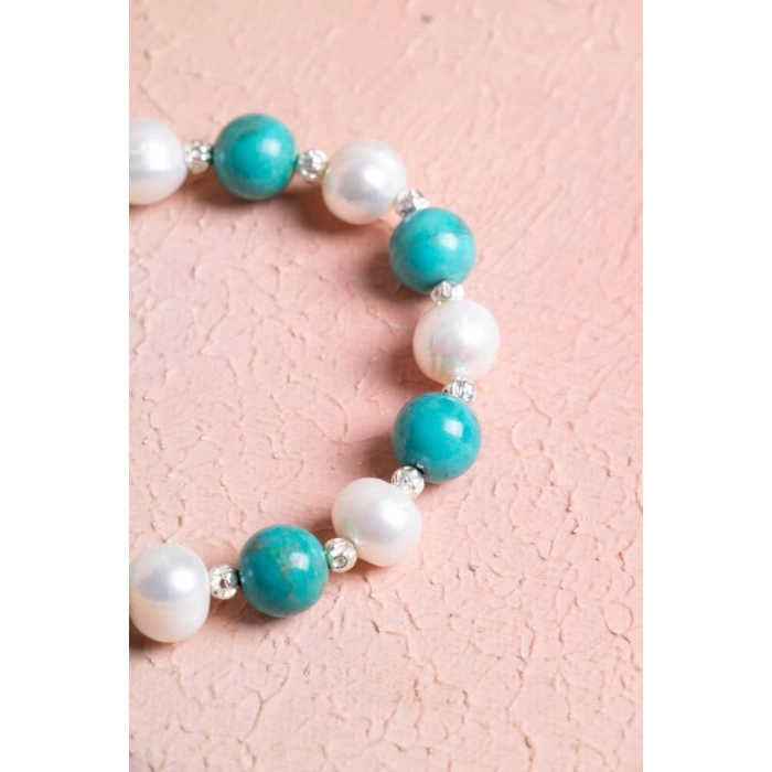 Sertifikalı Firuze (Turkuaz), İnci Gümüş Aparatlı Doğal Taş Bileklik(SK:038)
