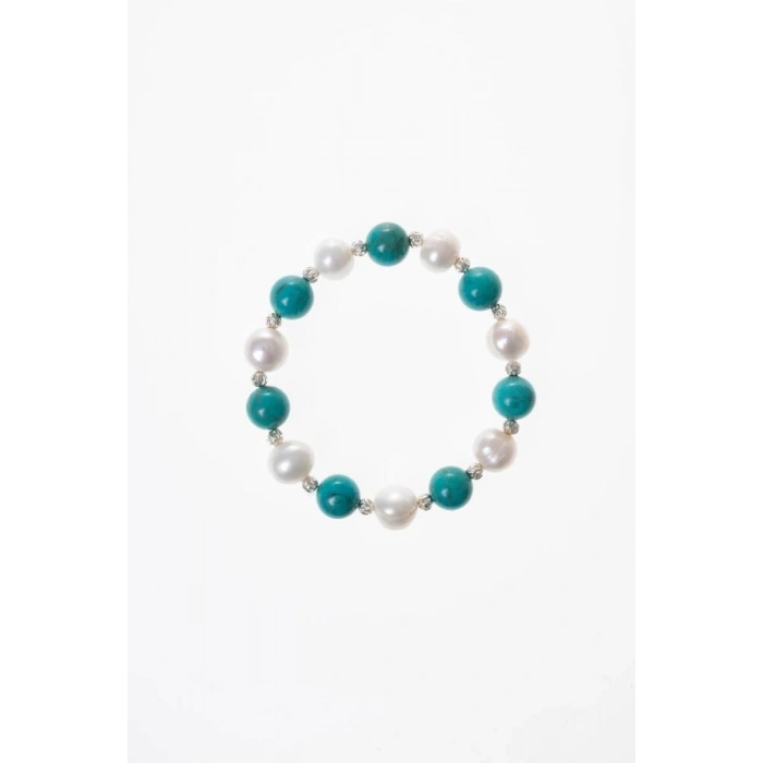 Sertifikalı Firuze (Turkuaz), İnci Gümüş Aparatlı Doğal Taş Bileklik(SK:038)