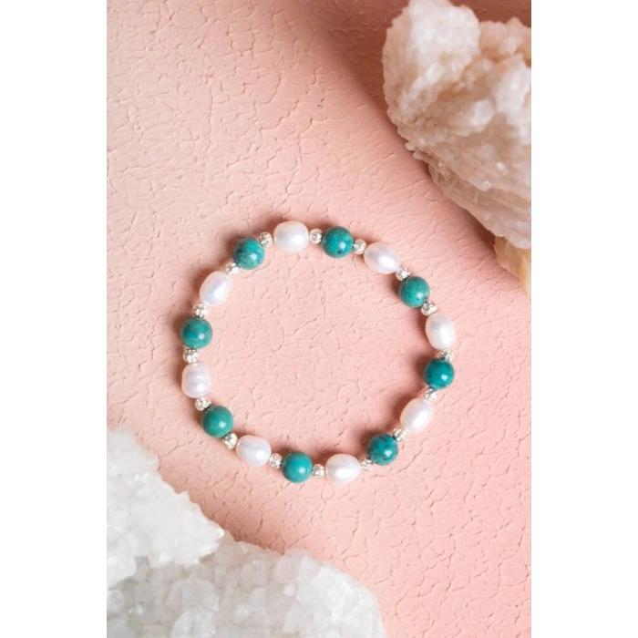 Sertifikalı Firuze (Turkuaz), İnci Gümüş Aparatlı Doğal Taş Bileklik(SK:046)