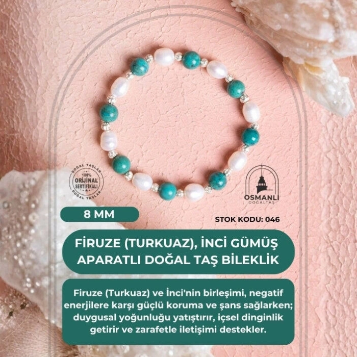 Sertifikalı Firuze (Turkuaz), İnci Gümüş Aparatlı Doğal Taş Bileklik(SK:046)