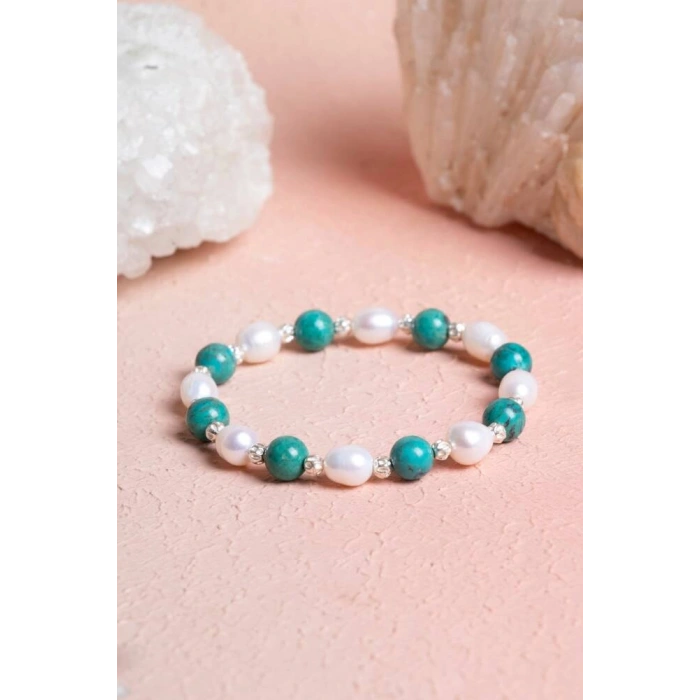 Sertifikalı Firuze (Turkuaz), İnci Gümüş Aparatlı Doğal Taş Bileklik(SK:046)