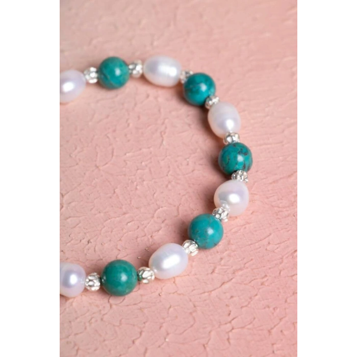 Sertifikalı Firuze (Turkuaz), İnci Gümüş Aparatlı Doğal Taş Bileklik(SK:046)