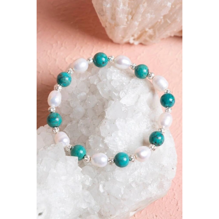 Sertifikalı Firuze (Turkuaz), İnci Gümüş Aparatlı Doğal Taş Bileklik(SK:046)