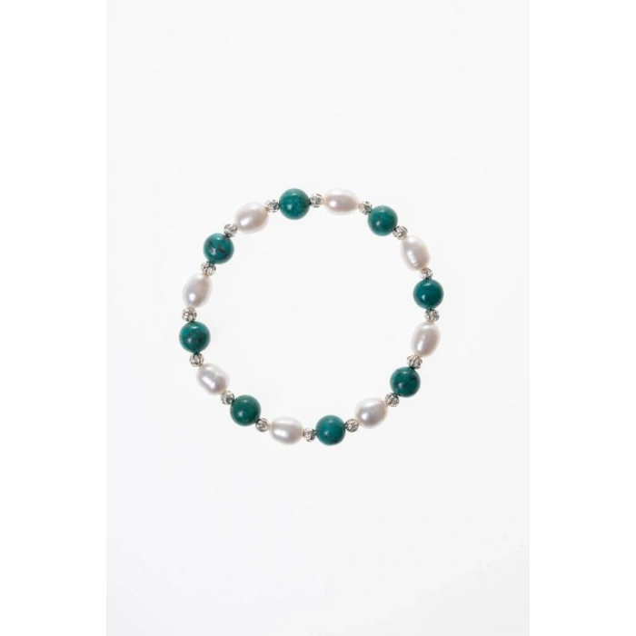 Sertifikalı Firuze (Turkuaz), İnci Gümüş Aparatlı Doğal Taş Bileklik(SK:046)