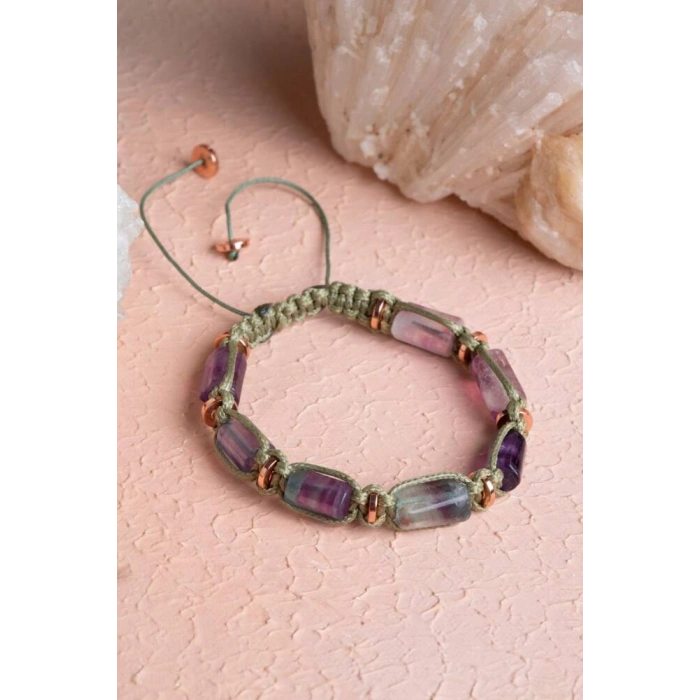 Sertifikalı Florit, Hematit Doğal Taş Makrome Bileklik