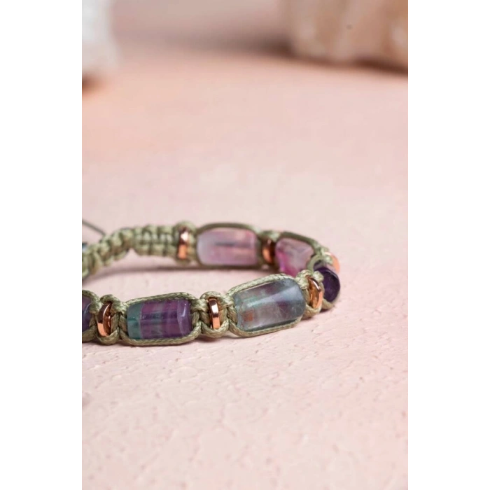 Sertifikalı Florit, Hematit Doğal Taş Makrome Bileklik