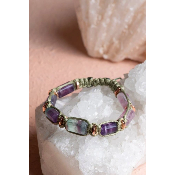 Sertifikalı Florit, Hematit Doğal Taş Makrome Bileklik