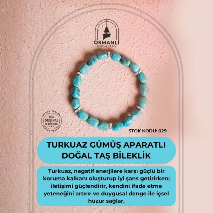 Sertifikalı Gümüş Aparatlı Fieruze(Turkuaz) Doğal Taş Bileklik (SK:029)
