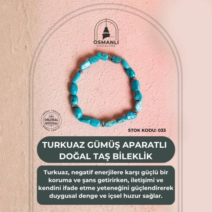 Sertifikalı Gümüş Aparatlı Firuze(Turkuaz) Doğal Taş Bileklik (SK:033)