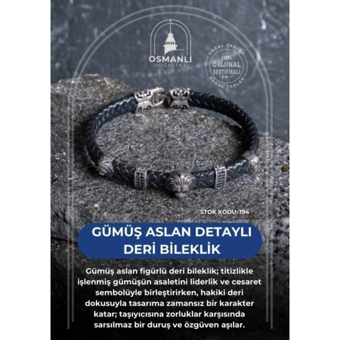 Sertifikalı Gümüş Aslan Detaylı Deri Bileklik (SK:194)
