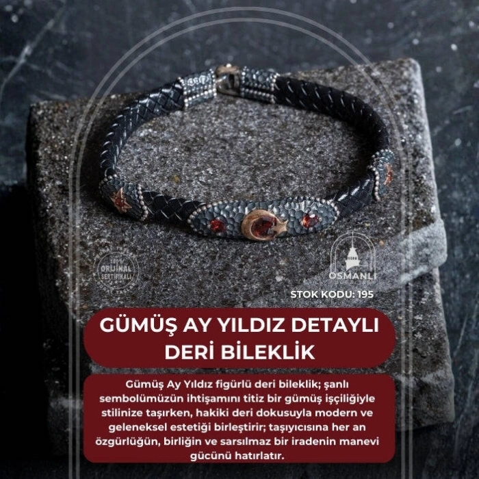 Sertifikalı Gümüş Ay Yıldız Detaylı Deri Bileklik (SK:195)