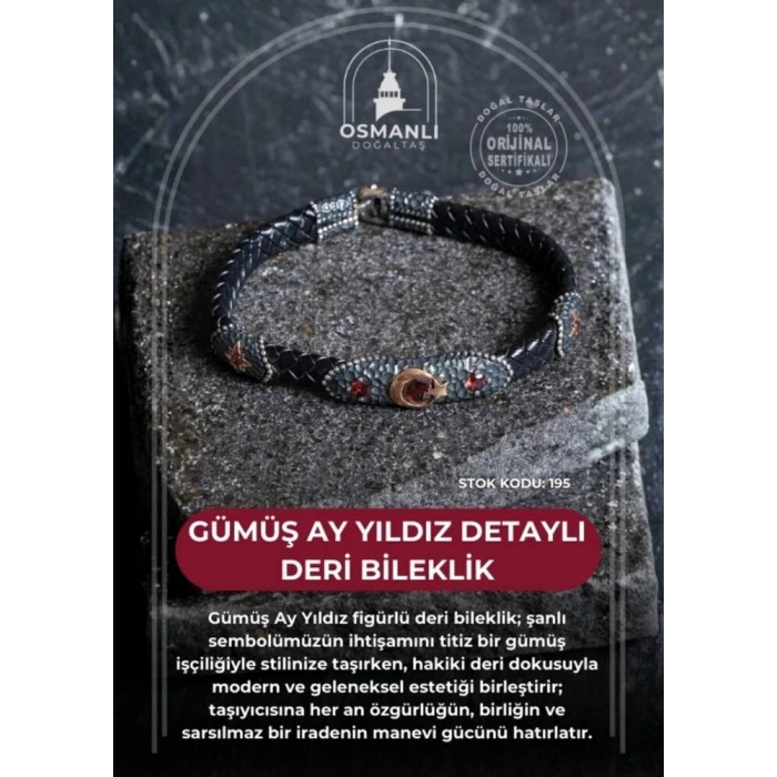 Sertifikalı Gümüş Ay Yıldız Detaylı Deri Bileklik (SK:195)