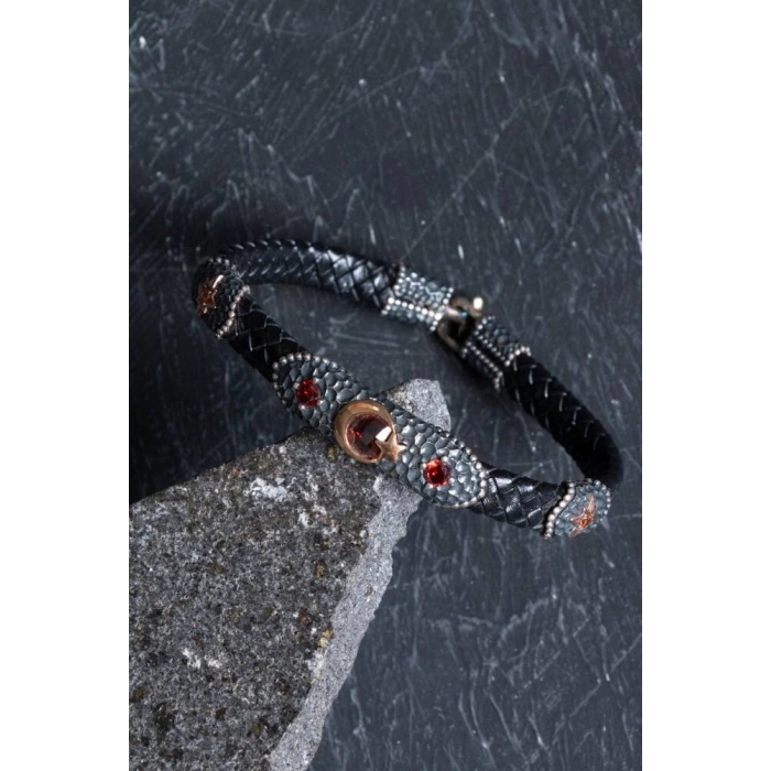 Sertifikalı Gümüş Ay Yıldız Detaylı Deri Bileklik (SK:195)