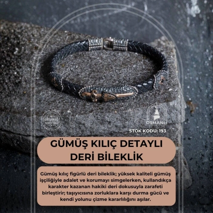 Sertifikalı Gümüş Kılıç Detaylı Deri Bileklik (SK:193)