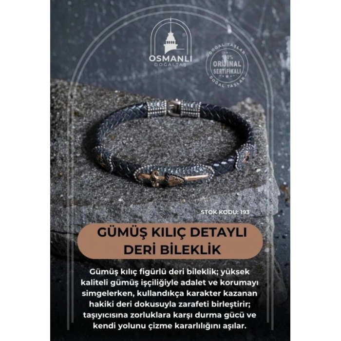 Sertifikalı Gümüş Kılıç Detaylı Deri Bileklik (SK:193)