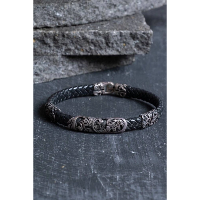 Sertifikalı Gümüş Yaprak Detaylı Deri Bileklik (SK:196)