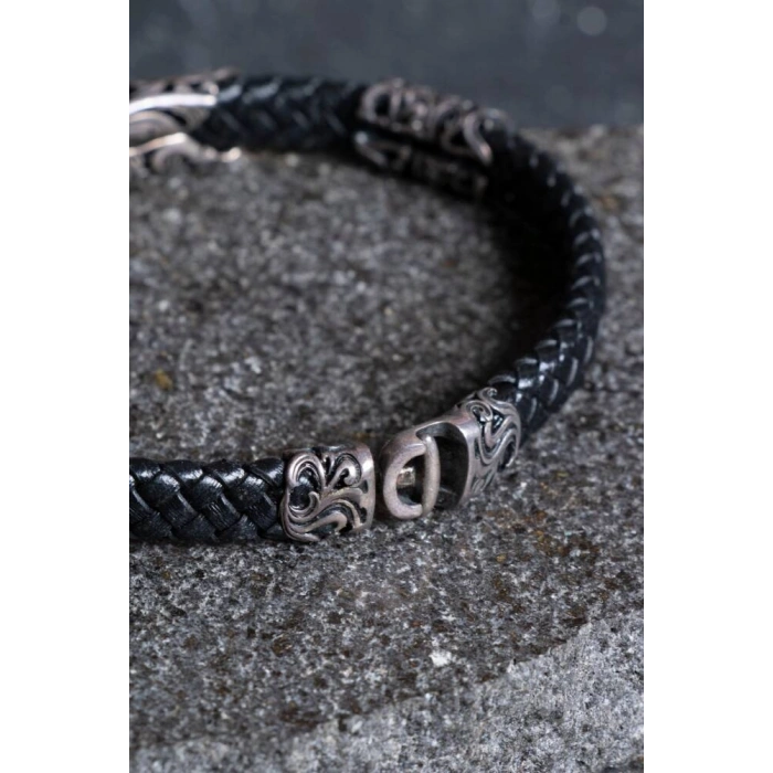 Sertifikalı Gümüş Yaprak Detaylı Deri Bileklik (SK:196)