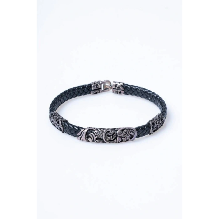 Sertifikalı Gümüş Yaprak Detaylı Deri Bileklik (SK:196)