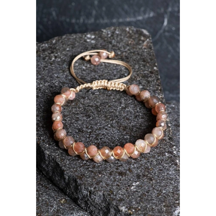 Sertifikalı Güneş Taşı Çift Sıra Doğal Taş Makrome Bileklik-6 mm (SK:205)