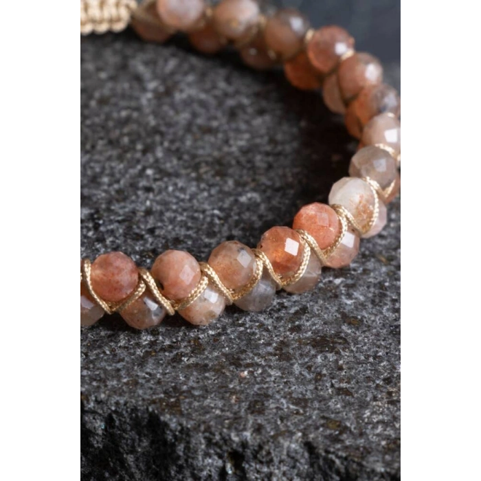 Sertifikalı Güneş Taşı Çift Sıra Doğal Taş Makrome Bileklik-6 mm (SK:205)