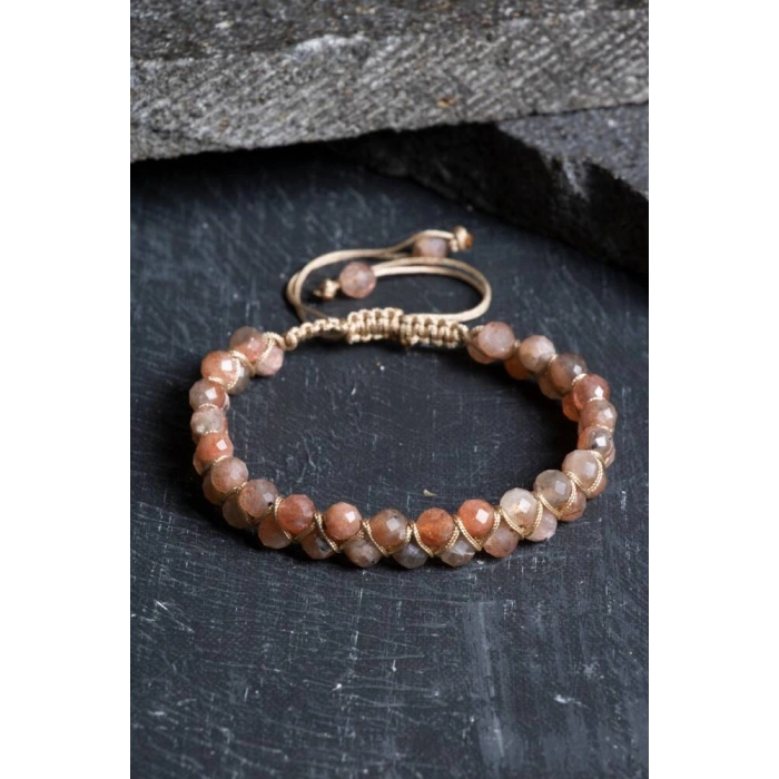 Sertifikalı Güneş Taşı Çift Sıra Doğal Taş Makrome Bileklik-6 mm (SK:205)