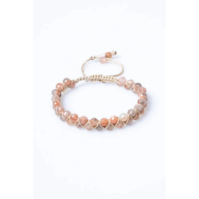 Sertifikalı Güneş Taşı Çift Sıra Doğal Taş Makrome Bileklik-6 mm (SK:205)