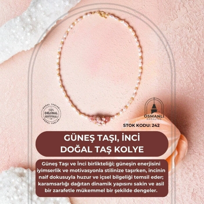 Sertifikalı Güneş Taşı, İnci Doğal Taş Kolye (SK:242)