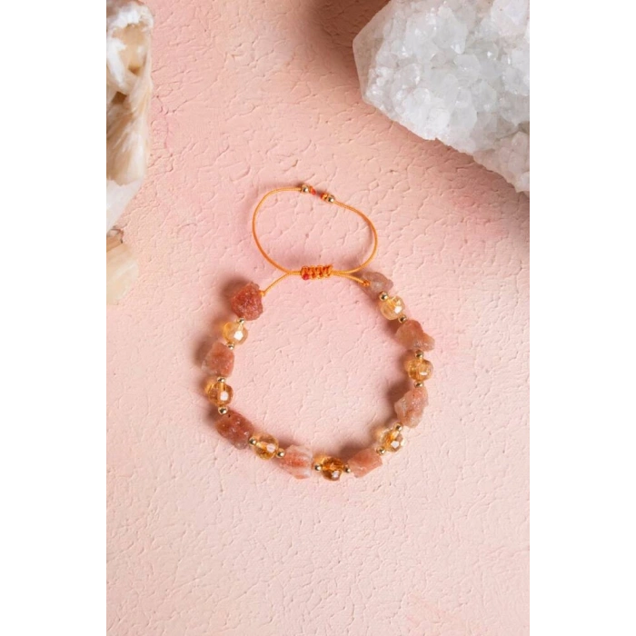 Sertifikalı Güneş Taşı, Sitrin Doğal Taş Makrome Bileklik (SK:071)