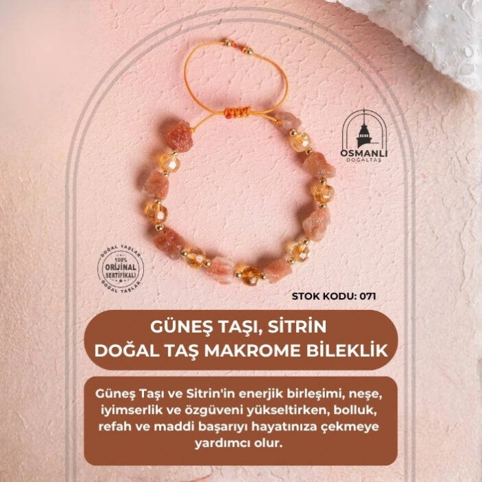 Sertifikalı Güneş Taşı, Sitrin Doğal Taş Makrome Bileklik (SK:071)