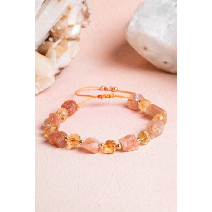 Sertifikalı Güneş Taşı, Sitrin Doğal Taş Makrome Bileklik (SK:071)