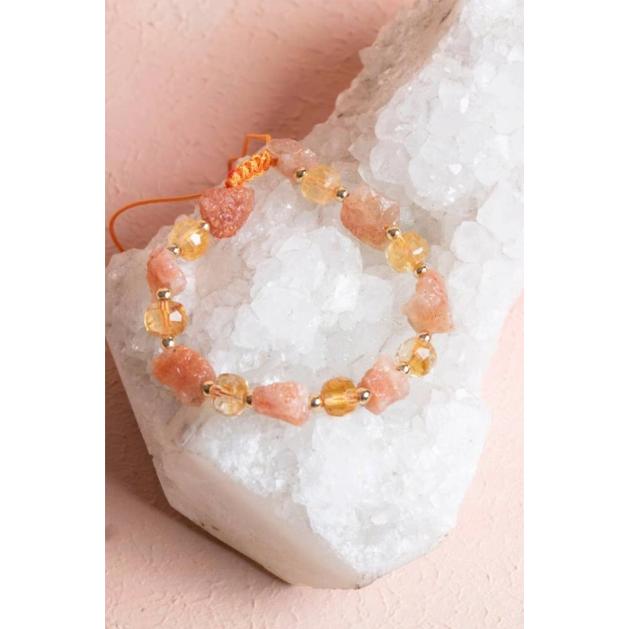 Sertifikalı Güneş Taşı, Sitrin Doğal Taş Makrome Bileklik (SK:071)