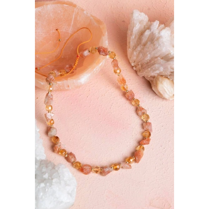 Sertifikalı Güneş Taşı, Sitrin Doğal Taş Makrome Kolye (SK:093)