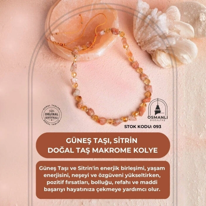 Sertifikalı Güneş Taşı, Sitrin Doğal Taş Makrome Kolye (SK:093)