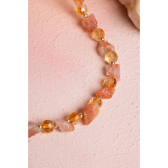 Sertifikalı Güneş Taşı, Sitrin Doğal Taş Makrome Kolye (SK:093)