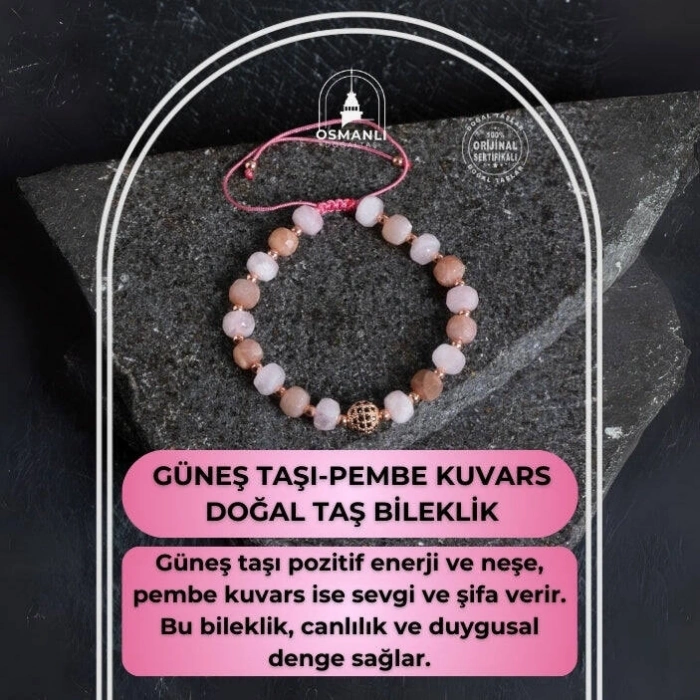Sertifikalı Güneş Taşı ve Pembe Kuvars Bileklik