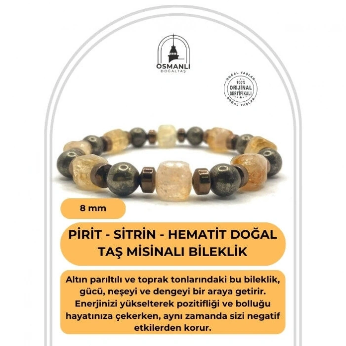 Sertifikalı Hakiki Orijinal 8mm Pirit - Sitrin - Hematit Doğal Taş Misinalı Bileklik