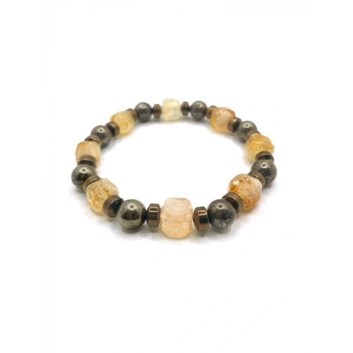 Sertifikalı Hakiki Orijinal 8mm Pirit - Sitrin - Hematit Doğal Taş Misinalı Bileklik