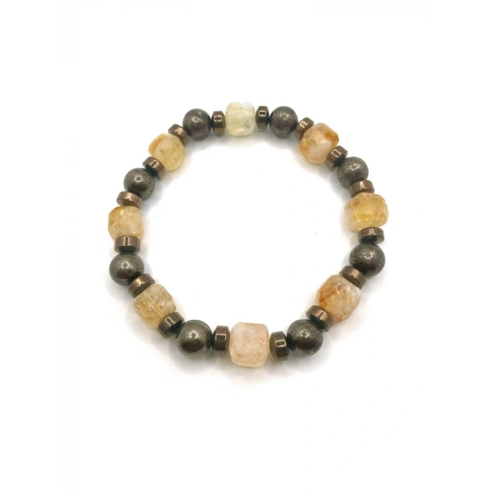 Sertifikalı Hakiki Orijinal 8mm Pirit - Sitrin - Hematit Doğal Taş Misinalı Bileklik
