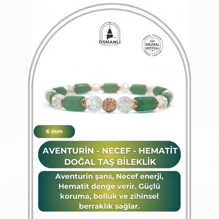 Sertifikalı Hakiki Orijinal Aventurin - 6mm Necef - Hematit Doğal Taş Misinalı Bileklik