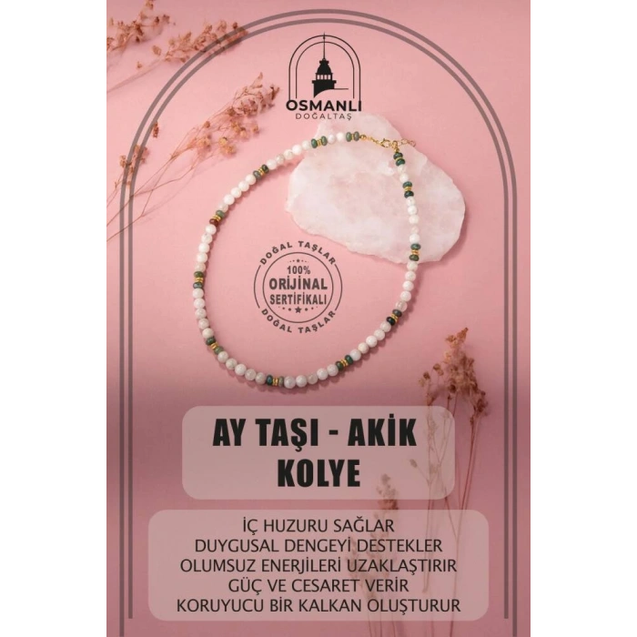 Sertifikalı Hakiki Orijinal Ay Taşı ve Akik Doğal Taş Dizi Kolye