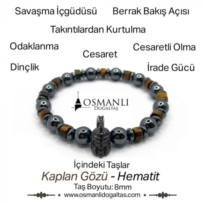 Sertifikalı Hakiki Orijinal Kaplan Gözü - Hematit 8mm Gladyatör Aparatlı Misinalı Doğal Taş Bileklik