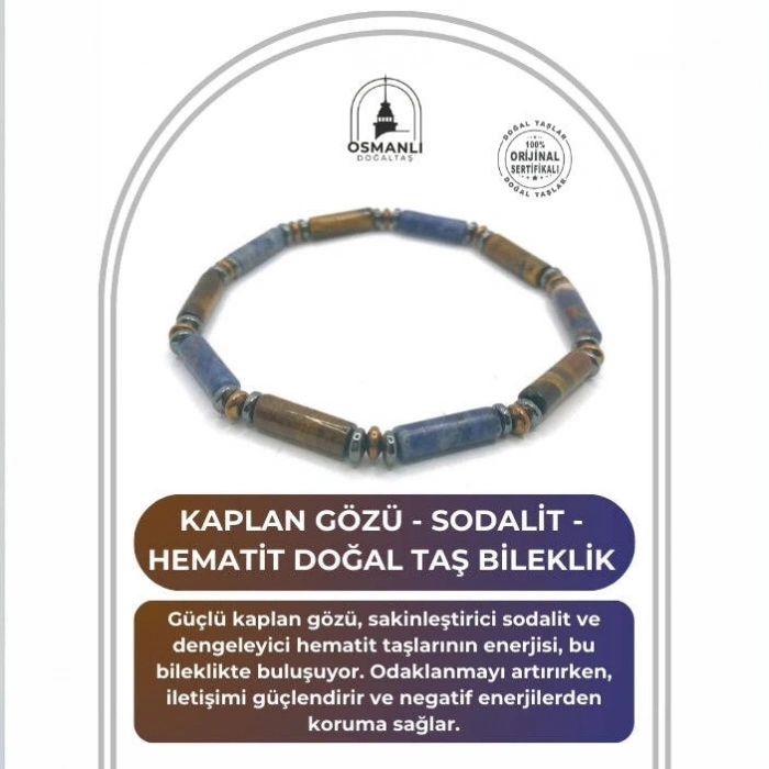 Sertifikalı Hakiki Orijinal Kaplan Gözü - Sodalit - Hematit Doğal Taş Misinalı Bileklik
